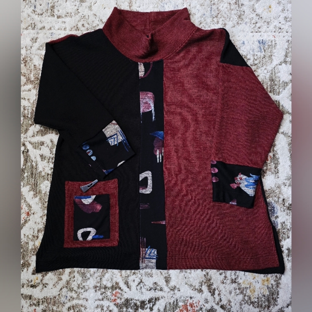 Ali Miles Stylish Colorblock Black & Maroon Mock Neck Knit Sweater XL NWT